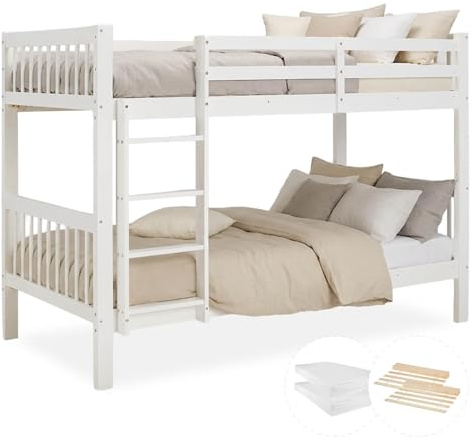 Homestyle4u, Etagenbett für 2 Kinder 90x200 mit Matratze Weiß teilbar Doppelstockbett mit Treppe Hochbett Kinderbett Kiefer Holz massiv