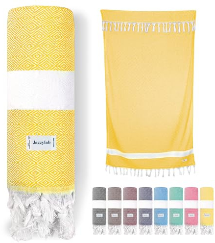 jazzylab ELMAS Toalla Hammam | Pestemal Turco 100% algodón con patrón de Cuadros clásico | Secado rápido, Ligera y versátil Elegantes | 90x180 cm - Amarillo,