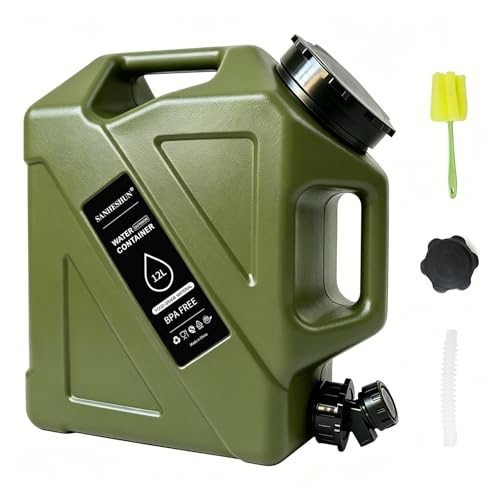3.2 Gallon Water Jug,12L Portable Water Container with Spigot, Cleaning Brush, Detachable Hose & Extra Lid, Dual Handles Design, BPA-Free Camping Hydration Canteen, Outdoor Tank Storage PE - Green