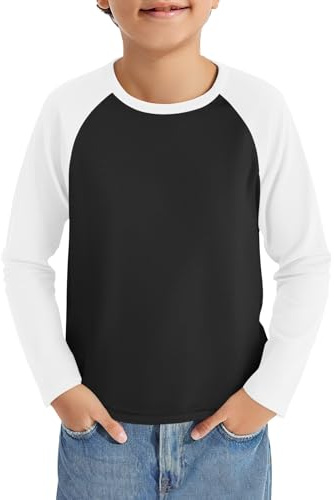 Haloumoning pojkar långärmad t-shirt barn rund hals färgblock långärmad tröja sport fritid toppar casual basic raglan skjorta 5–14 år, svart, 9-10 år