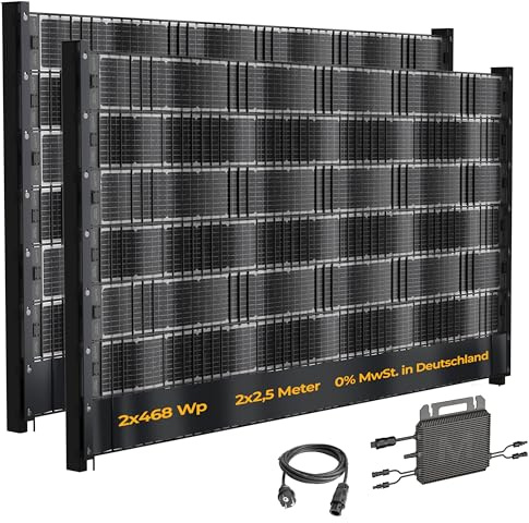Sunbooster VERTICAL+ Zaun-Balkonkraftwerk 5m – bifaziale PV-Sichtschutzstreifen für Doppelstabmattenzaun, 936Wp, Komplettset mit Mikrowechselrichter 800W und 10m Schuko – steckerfertig, erweiterbar