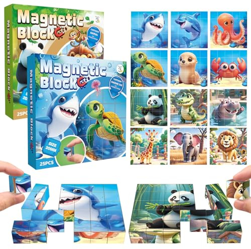 TECHEEL Würfelpuzzle Holz Magnetisches 3D Bilderwürfel Puzzlespiele 6 in 1 Würfel Holzspielzeug für Kinder ab 3 4 5 Jahren,Bilderwürfel Puzzle Spielzeug Geschenk für Jungen und Mädchen