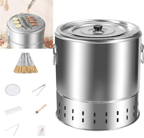 Barbecue a carbonella senza fumo, secchio compatto in acciaio con prese d'aria, tostatura a 360°, separazione dell'olio per campeggio, rimorchi, uso in giardino