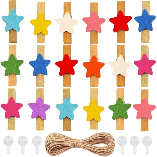 50 Stück Mini Sternen Bunt Holzklammern, DIY Foto Klammern, Wäscheklammern Holz mit 10m Natur Juteschnur, 3 cm Klein Klammer für Fotos Bilder Collagen Postkarten Basteln Weihnachten (Farbig)