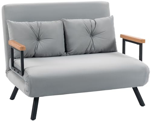 HOMCOM Sofá Cama de 2 Plazas 4 en 1, Sofá Cama Plegable Tapizado en Terciopelo con Respaldo Ajustable de 5 Niveles y Almohadas Acolchadas, para Oficina, Dormitorio, Salón, 102x73x81 cm, Gris Claro