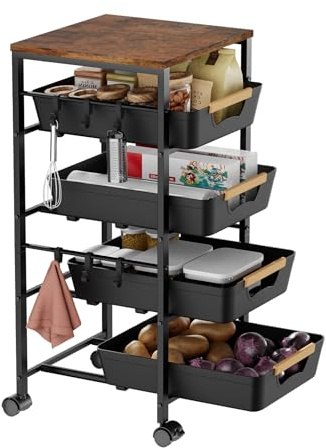 Uwoodia Küchenwagen mit 5 Ebenen & herausnehmbarer Schublade, Aufbewahrungswagen aus Metall mit Holzplatte, belüfteten Körben und Rollen, Snack-Organizer für Obst und Gemüse (32,5x36,5x82 cm, Schwarz)