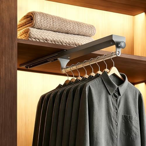 ERWEY Platzsparende Ausziehbare Kleiderstange mit Rundem Griff, 25 kg Teleskopstange für Kleiderschrank aus Aluminium, 300 mm Herausziehbar & Einschiebbar – für Hosen & Hemden, Schwarz