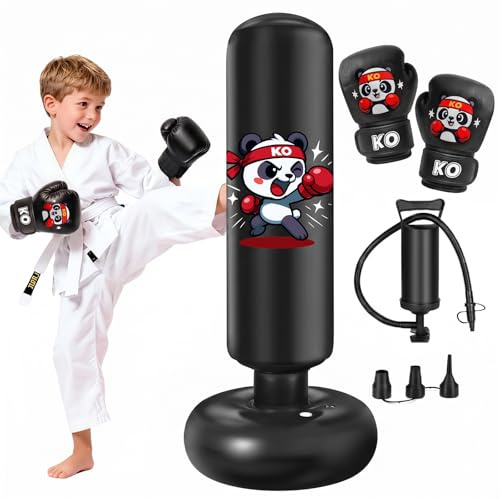 Ninonly 130cm Boxsack Kinder mit Boxhandschuhen und Pumpe | Stabile Kinder Aufblasbare Boxsack Set, PVC Material Verdickt, Üben von Karate,Taekwondo, für Jungen und Mädchen Alter 3+