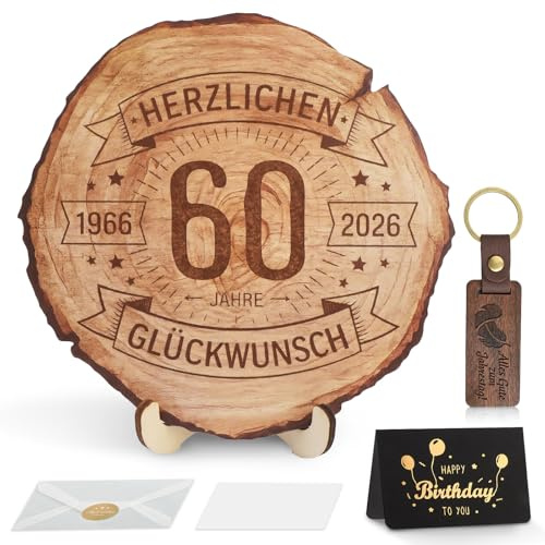 SneiDr Personalisierte Baumscheibe mit Gravur für 60. Geburtstag Frau Mann | Holzscheiben 20 cm Durchmesser aus Pappelholz mit Ständer Grußkarte Briefumschlag Schlüsselanhänger für Jahrestag Tischdeko