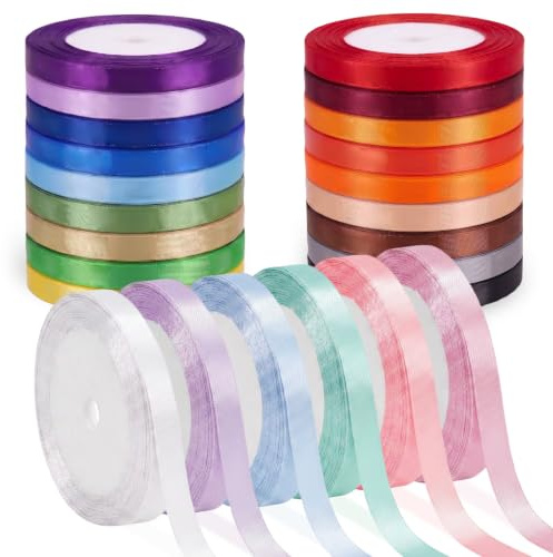 Satinband Set 24 Farben, 6mm Schmales Geschenkband, Doppelseitiges Glänzendes Polyesterband für Geschenke, Bastelprojekte, Hochzeit, Geburtstag, Weihnachten und Dekoration