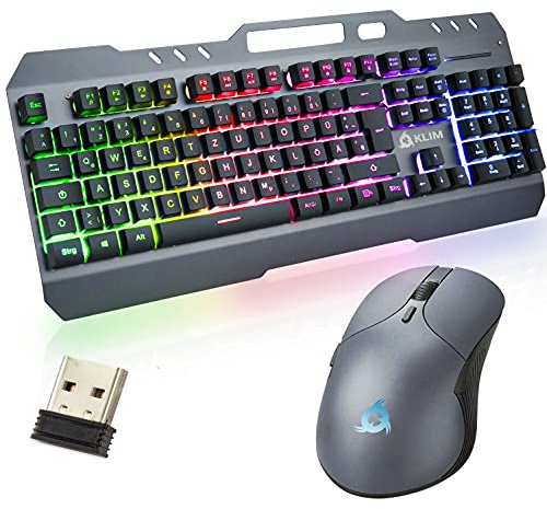 KLIM Unity - Wireless Tastatur und Maus Set DE Layout - NEU 2023 - Langlebig, Ergonomisch, Semi-Mechanisch - kabelloses Maus Tastatur Set für Laptop PC Mac PS4 Xbox One- Langlebiger eingebauter Akku