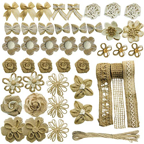 Allazone Juteband mit Spitze Weiß, Natürliche Sackleinen Blumen Set, Bände Weißes Spitzenband Sackleinen Blumenset, Faden Band und Klebepunkte für Hochzeit, Party, Dekoration (46 Stück)