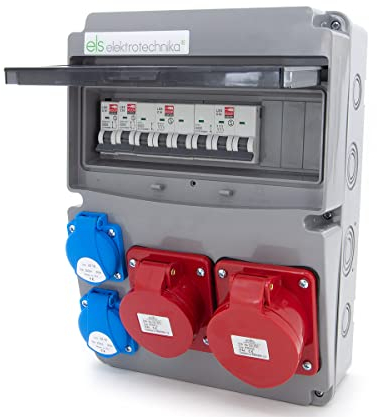 ELS Elektrotechnika Distributore di corrente da parete con 2 prese Schuko da 230 V + interruttore di protezione del cavo, 2 LS, 1 CEE 16 A + LS, 1 CEE 32 A + LS, cablato, pronto per il cantiere