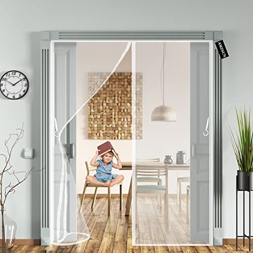 Magnetic Fly Screen Door,Heavy Duty Bug Mesh Curtain 140x200cm(55x79inch) with Powerful Magnets and Full Frame Magic Tape, Keep Bugs Out Lets Fresh Air in Without Drilling - White