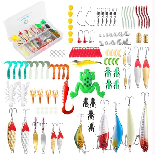 TUXIBIN 181PCS Angeln köder, Angelköder gemischt einschließlich Spinner, VIB, Höhenhaken, Einzelhaken, Drehgelenke, Zangen, Führer, etc.für Süßwasser-Salzwasser-Fischen