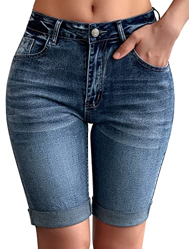 roswear Womens Mid Rise Roll Cuff Bermuda Stretch Denim Jean Shorts 104 Blue Medium