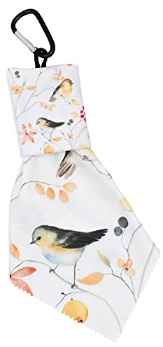 kda Mikrofasertuch Reinigungstuch Brillenputztuch -Pocket- 18,5 x 9,5 cm mit Karabiner | Anhänger zusammenfaltbar | Optikerqualität (Birds/Beige)
