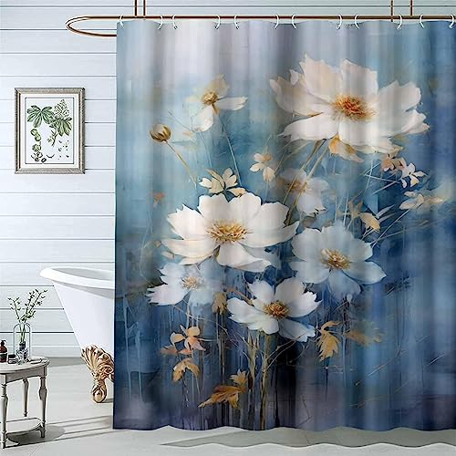 JOSUE Anti-Schimmel Duschvorhang, Gold Weiß Textil-Vorhang fürs Badezimmer, waschbar, wasserabweisend, mit Ringen zur Befestigung an der Duschstange - 180x180cm
