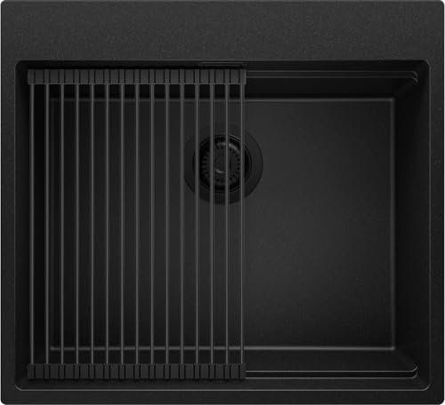PRIMAGRAN Fregadero Cocina al Mueble 60cm + Kit de desagüe, 58x53cm | Set: Kit de desagüe + Enrollable Escurridor + Oslo max level 1 Seno Granito, Todo Negro