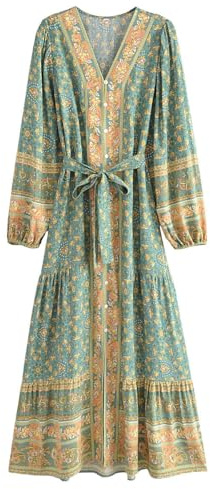 Waterlily Boho Maxi Dress Long Sleeve Casual Summer Dresses for Women Floral Flare Buttons Tie Waist Hippie Bohemian (UK, Alpha, L, Regular, Regular, Green Multi)