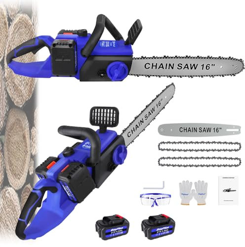 Hand Held Chainsaw 1200W Cordless Chainsaw with Brushless Motor, 16 inch Electric Chainsaw with 2x4.0Ah Batteries, 13m/S Chain Speed Powerful Chain Saw, Auto-Tension, Anti-Vibration