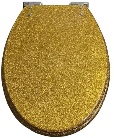 ViQutrg Toilettensitz Aus Glitzerndem Harz, Länglicher Toilettensitz Mit Metallscharnieren, Toilettendeckel Mit Absenkautomatik, Leicht Zu Reinigen, Robuster Toilettensitzbezug(Color:Gold)