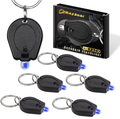 RaySoar Paquete de 6 llaveros de luz azul ultrabrillante, mini linterna LED azul, llavero linterna azul para observación nocturna