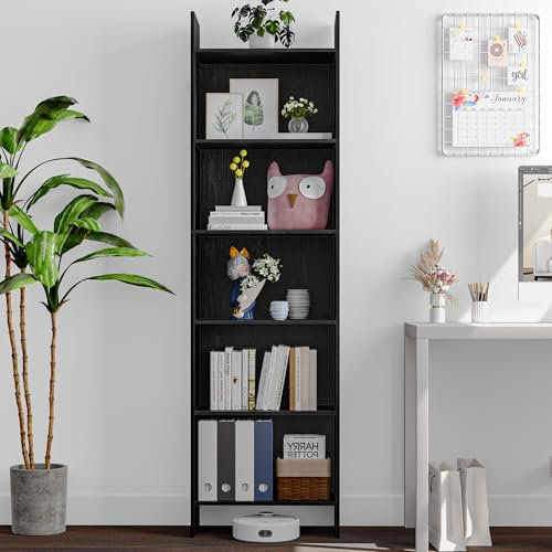Hzuaneri Bücherregal, Regal, Standregal, Büroregal, mit 6 Fächern, offen, für Wohnzimmer, Arbeitszimmer, Büro, als Raumteiler, 24 x 48 x 170 cm, Schwarz 01104XBC