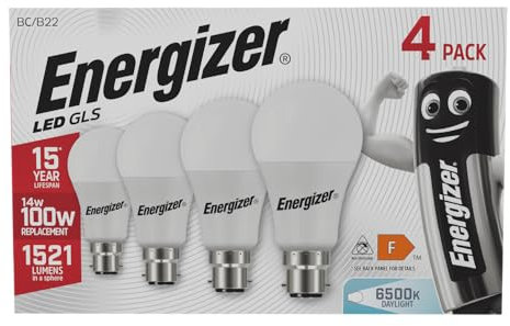 Energizer 100w Equivalent Bayonet Light Bulb - 6500k / Daylight BC/ B22 LED Bulb. Pack of 4. Very Bright 1521lm