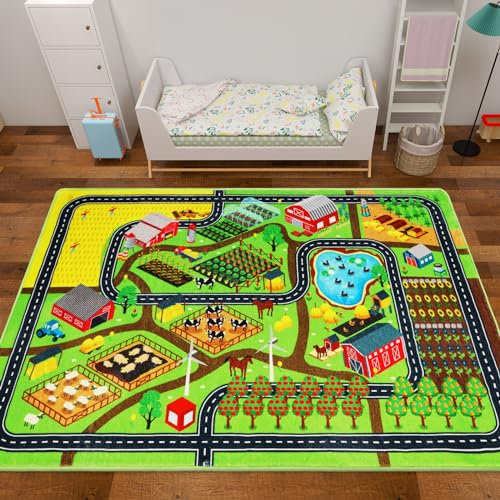 Mfmiudole Kids Rug Play Rug for Toy Cars, 39.4×59 Farm Life Road Traffic for Playroom Kid Car Road Mat Village Map Play Mat Non-Slip Washable Carpet for Toddler Boy Family Tummy Time Playtime