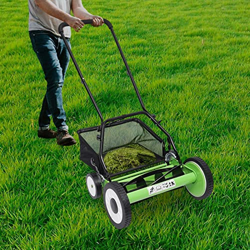 Hand Push Lawnmower, 16-Inch Cordless Manual Reel Lawn Mower with 5-Blade, Manual Lawn-Mower with 40cm Cutting Width, 9-position Adjustable Mowing Height, Grass Cutter with Grass Catcher (16 inch)