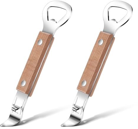 Ouligay 2 Pack Flat Bottle Opener Bartender with Wooden Handle, Can Punch Opener, Stainless Steel Can Opener, Bar Bottle Opener, Dishwasher Safe, Brown