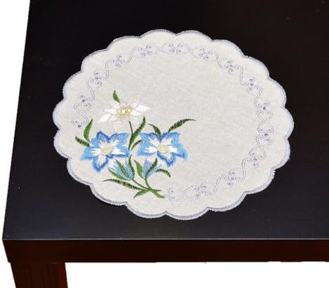 Generisch Blau rustikal Besticktes Deckchen Edelweiß 28 cm rund