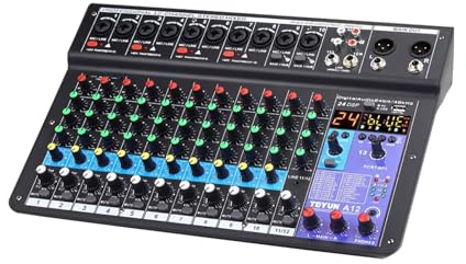 TEYUN 12 Channel Audio Mixer, Professional DJ Mixer with USB/Bluetooth, 48V Phantom Power, Built-In Digital Effects for Music Recording, Live Stage, YouTube, TikTok Streaming