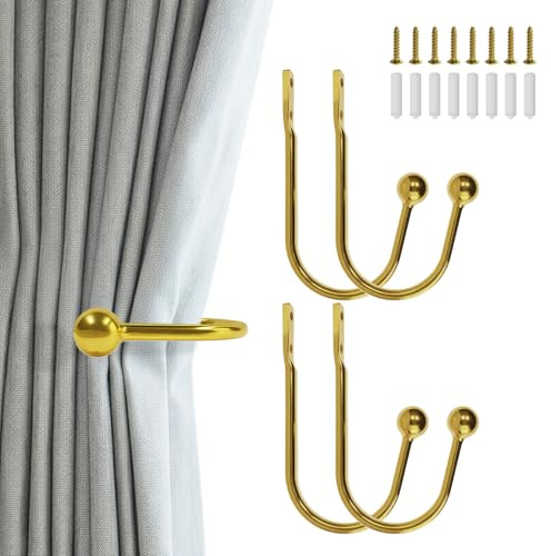 Desuibao Vorhanghalter, Wandhalterung, Metall-Raffhalter, Fensterbehandlung, Dekorative Vorhanghalter für Wand, Vorhang-Raffhalter, Seitenhaken, Goldfarben, 4 Stück