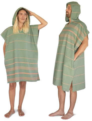 LeStoff Badeponcho, 100% Bio-Baumwolle, Olive-Orange, Größe S | Strandponcho mit Kapuze, Surfponcho, Handtuchponcho, Duschponcho und Umziehponcho – leicht, saugstark, schnelltrocknend