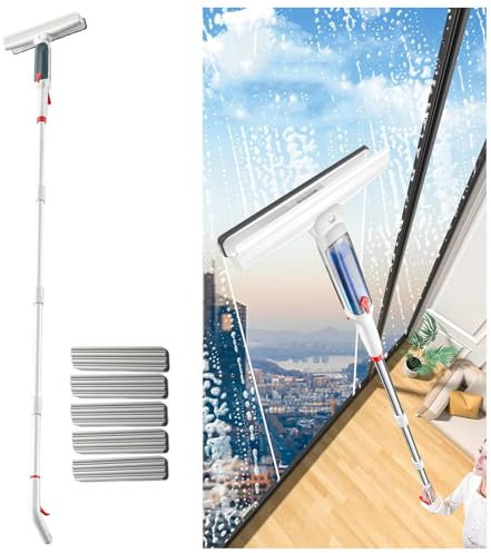 RYJYQYX Spruzzo 4 in 1 Lavavetri con Asta di Prolunga(190cm), Lavavetri con Raccoglitore Acque Nere E 5 Panni Tiraacqua Vetri per Finestre Alte Interno/Esterno