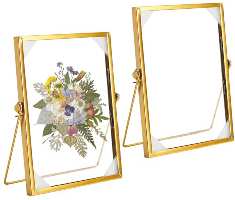 FOGARI 2x Bilderrahmen Stehend Glas A5,15 * 20cm Glas Metall Fotorahmen,Tischplatte Regal Fotorahmen,Doppeltes klares Glas,Winkel der Klammer 60°,für Festival,Hochzeit,Home Decoration (Retro Gold)