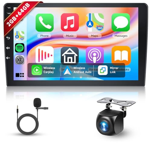 Hodozzy 2GB+64GB Android Double Din Car Radio, 10.1 Inch Touch Screen Car Stereo GPS Navigation with Wireless Carplay Android Auto Mirror Link, 2 Din Car Audio Bluetooth, WiFi, FM/RDS, DSP + Camera