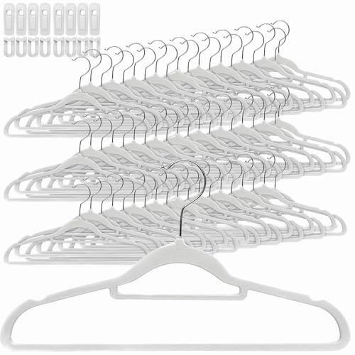 PEARL Kleiderbügel Hosen: 60 rutschfeste Samt-Kleiderbügel, Clips, 4,5 kg Tragkraft, weiß (Verbinder, Kunststoff mit Steg)