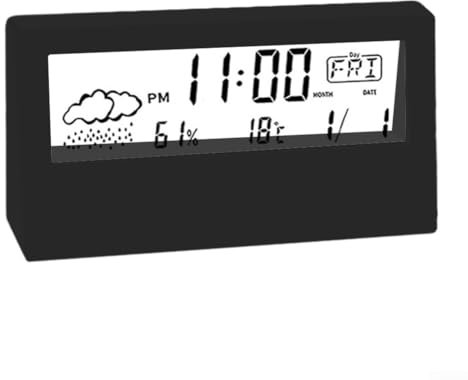 Estación meteorológica para interiores y exteriores, monitor digital de temperatura y humedad de escritorio con pantalla, reloj despertador electrónico, adecuado para el hogar/oficina/escuela (negro)