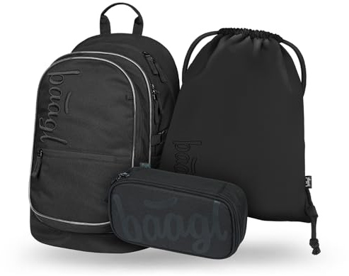 Baagl Schulrucksack Set Jungen Mädchen 3 Teilig Grundschule - Uni Schwarz | Ergonomischer Schulranzen und Schultasche für Volksschule bietet als CORE Ranzen mit Brustgurt eine optimale Entlastung.