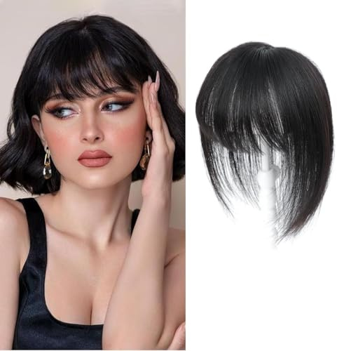 Lasunork Topper per capelli umani da donna con frangia, base svizzera intrecciata a mano, topper per capelli (Nero Naturale)