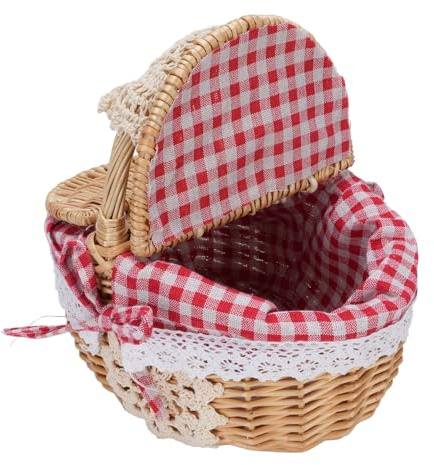 Oreilet Cestino da Picnic Vocatore, Cestino da Picnic Intrecciato con Coperchio e Manico, Cesto di Salice Ovale per Picnic, Campeggio, Raccolta di Verdure, Festa della Mamma (Plaid Rosso)