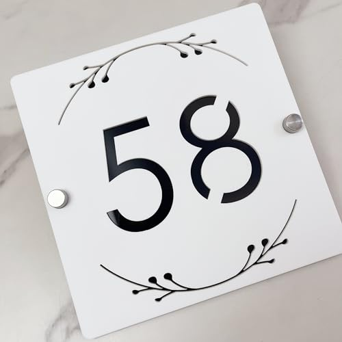 3D-hohles Acryl-Hausnummernschild mit dekorativem Blumen-Design – benutzerdefinierte Lasergravur-Adress-Plakette für die Wand, mattes Finish, schwebende Tür, Weiß / Schwarz