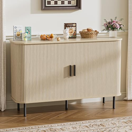 BonVache Sideboard Cabinet, Buffet Storage Cabinet, Kitchen Cupboard with Tambour Sliding Door, Storage Unit for Living Room Home Dinning Room Modern,Beige