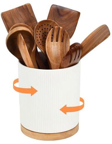 BSDLZCH Kitchen Utensils Holder 360° Rotating Large Ceramic Rotating Utensil Jar - 15x20cm Countertop Organizer for Kitchen Cooking Utensils Set, Cutlery Caddy, Spoons & Spatulas (White Ceramic)