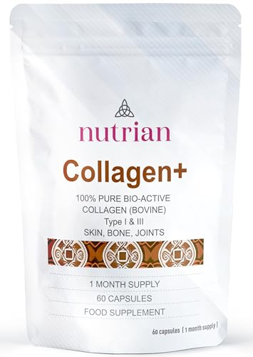 Collagen+ | 1200mg Bio-Active Hydrolysed 100% Bovine Collagen Peptides | Grass-Fed, Halal Certified, Made in UK | Type I & III | Skin, Hair, Nails & Joint Support | 60 Capsules | 1 Month Supply