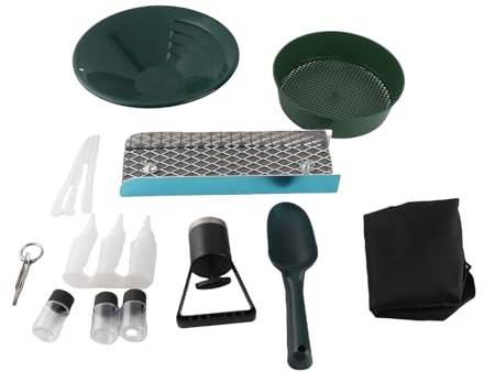 Asixxsix Gold Panning Kit, Gold Prospecting Beginners Kit Includes Gold Pan, Classifier Screen, Sluice Box, Shovel, Backpack, Snifter Bottle and Tweezers