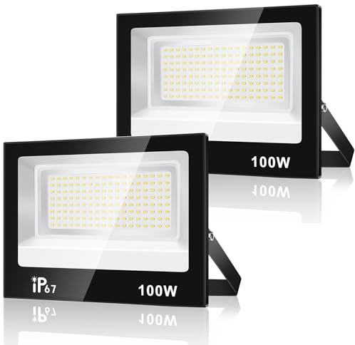 URTBST 100W Focos Led Exterior,10000LM Foco Proyector,7000K Blanco Frío Foco,IP67 Impermeable Super Brillante Proyector Exterior para Garaje,Terraza,Jardín,Patio (2 Piezas)